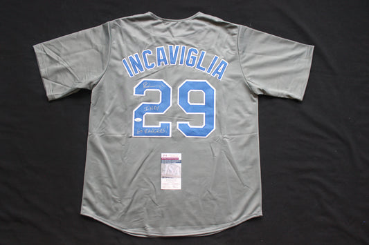 PETE INCAVIGLIA RANGERS GRAY #29 "INKY" "GO RANGERS !" JSA