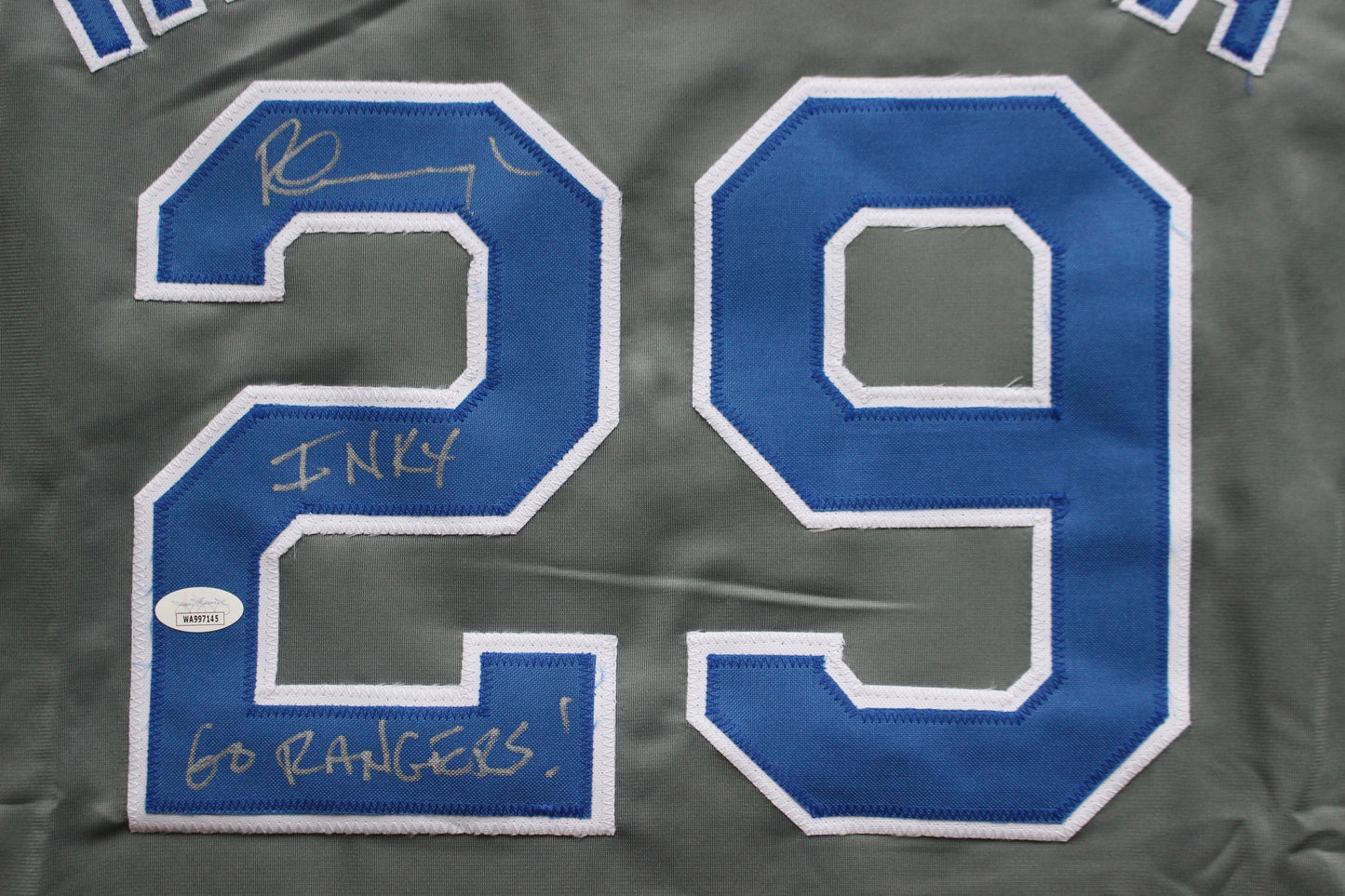 PETE INCAVIGLIA RANGERS GRAY #29 "INKY" "GO RANGERS !" JSA