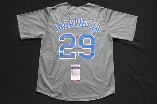 PETE INCAVIGLIA RANGERS GRAY #29 "INKY" "GO RANGERS !" JSA