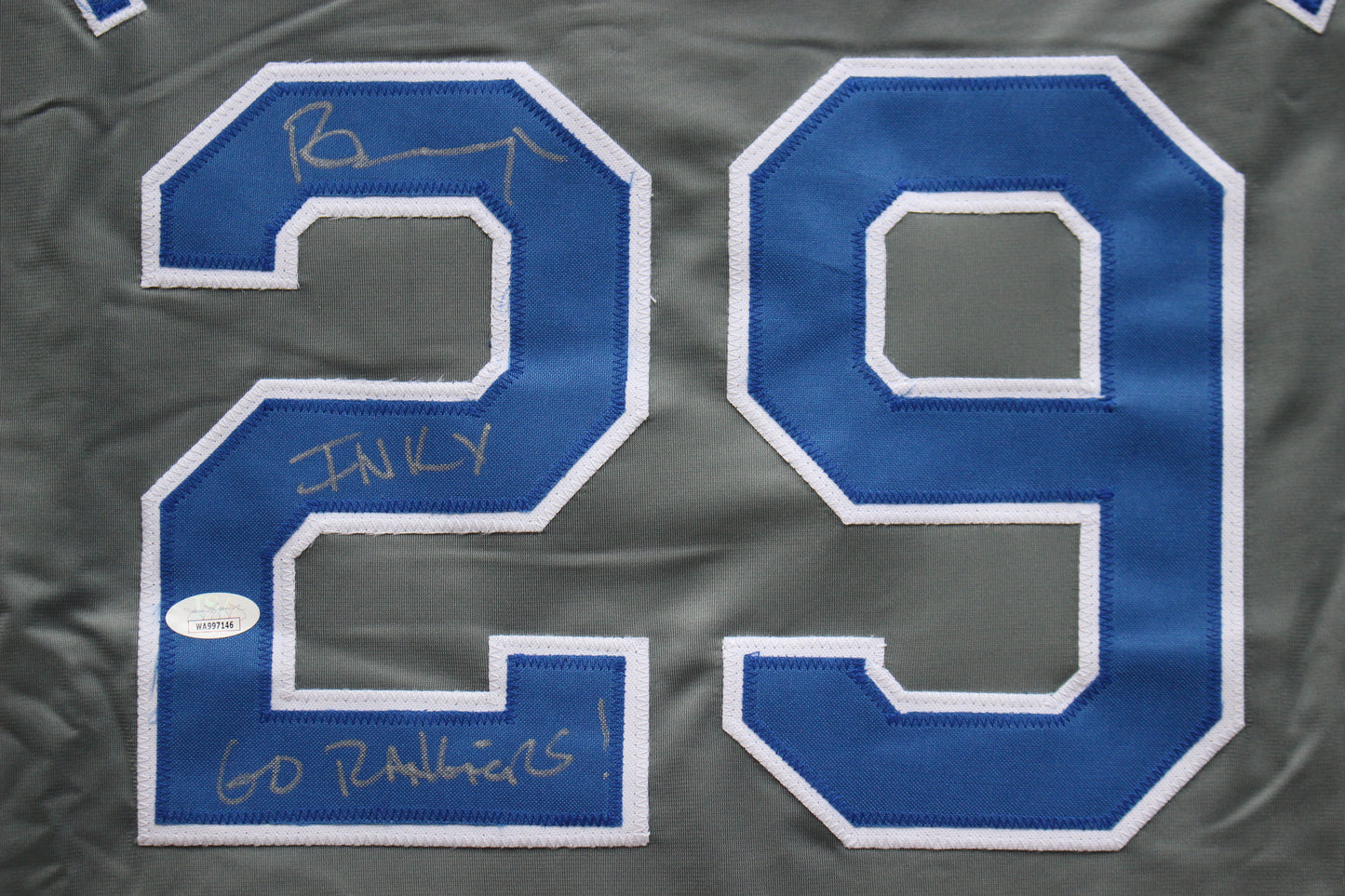 PETE INCAVIGLIA RANGERS GRAY #29 "INKY" "GO RANGERS !" JSA