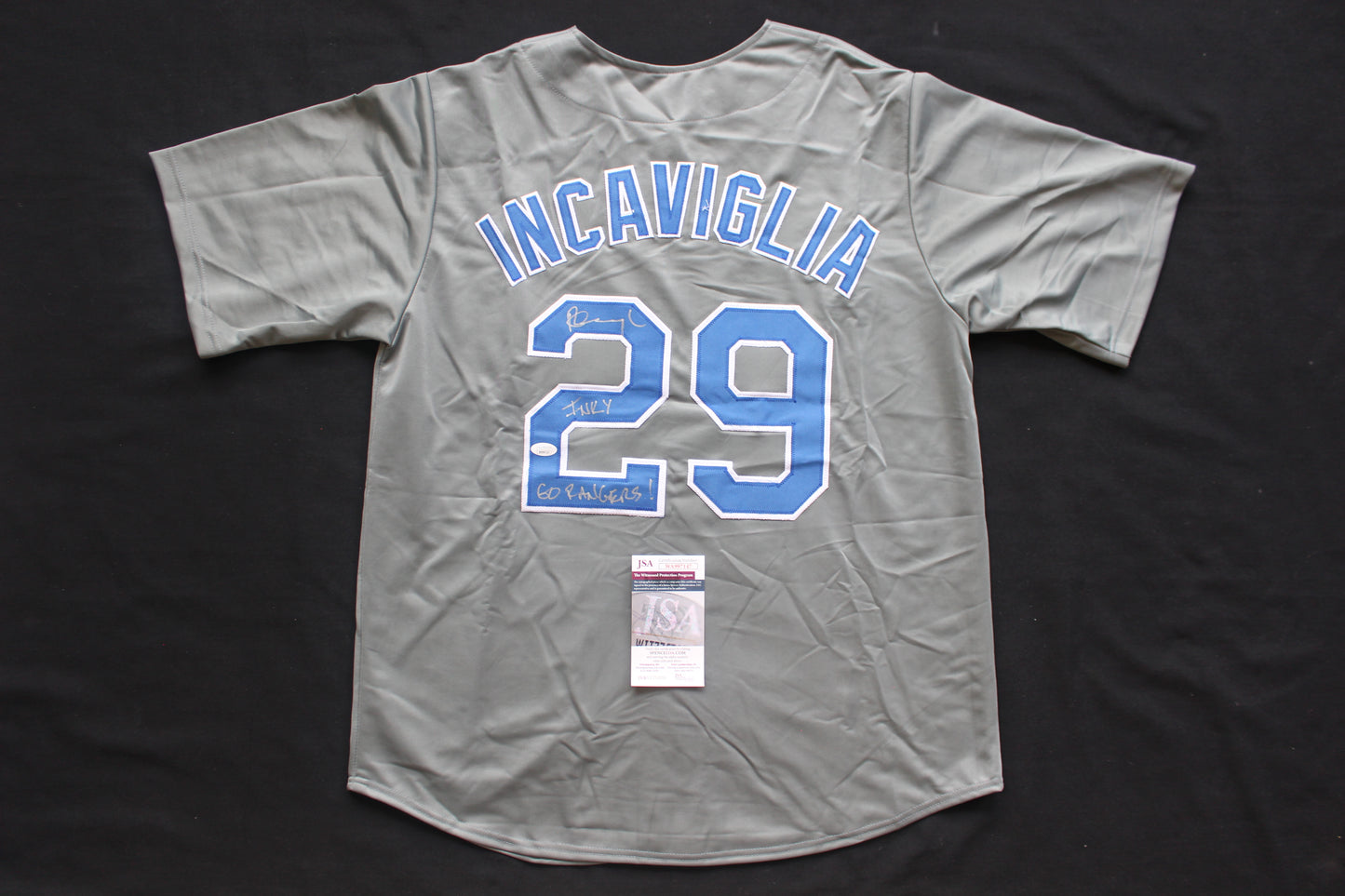 PETE INCAVIGLIA RANGERS GRAY #29 "INKY" "GO RANGERS !" JSA