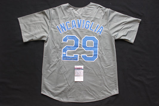 PETE INCAVIGLIA RANGERS GRAY #29 "INKY" "GO RANGERS !" JSA
