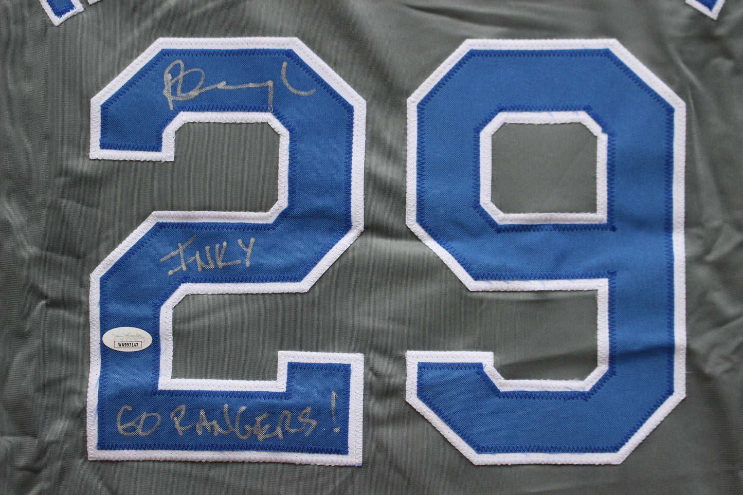 PETE INCAVIGLIA RANGERS GRAY #29 "INKY" "GO RANGERS !" JSA
