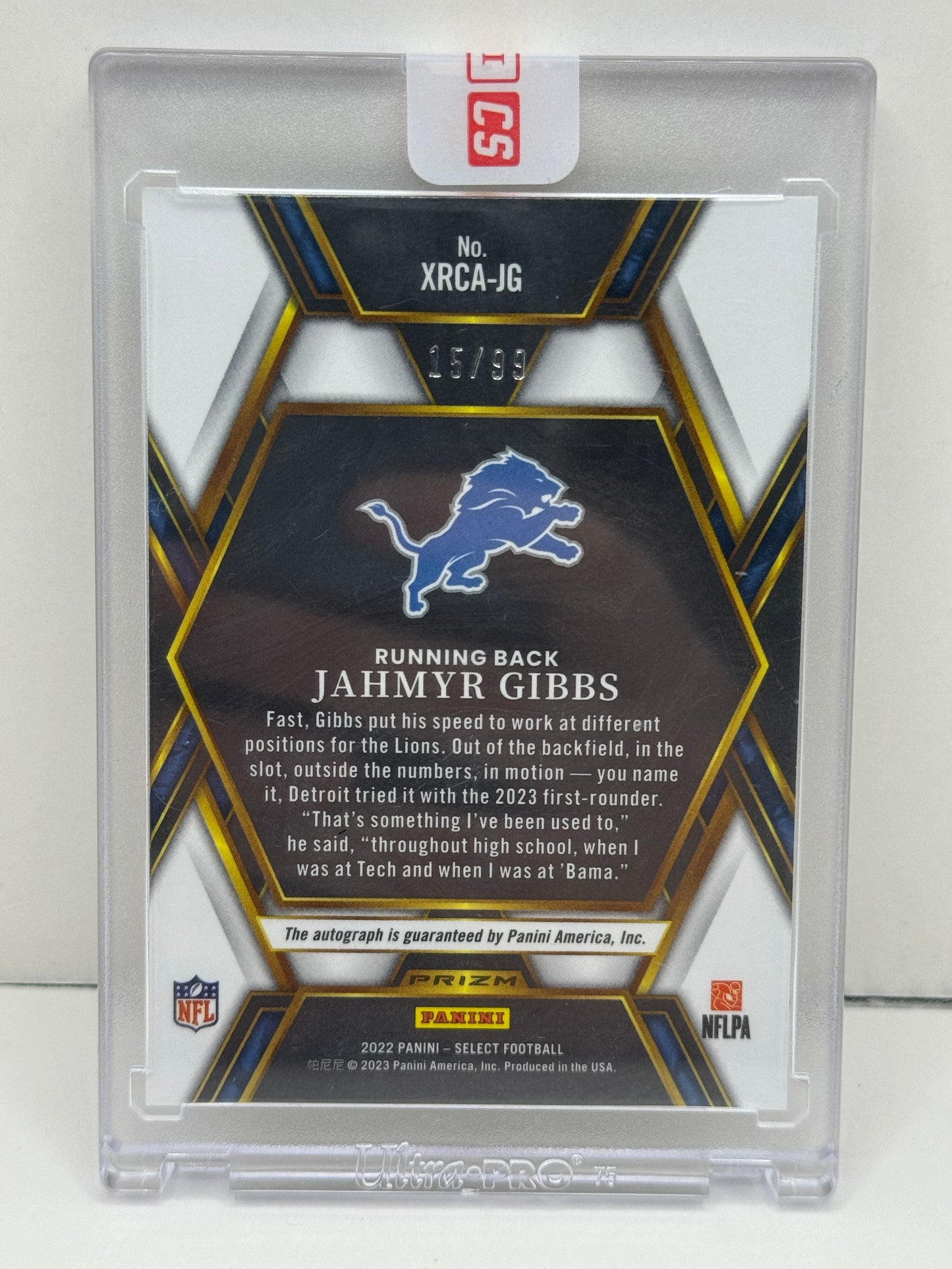 2022 Select Jahmyr Gibbs Rookie XRC Autograph #XRCA-JG #15/99 Lions