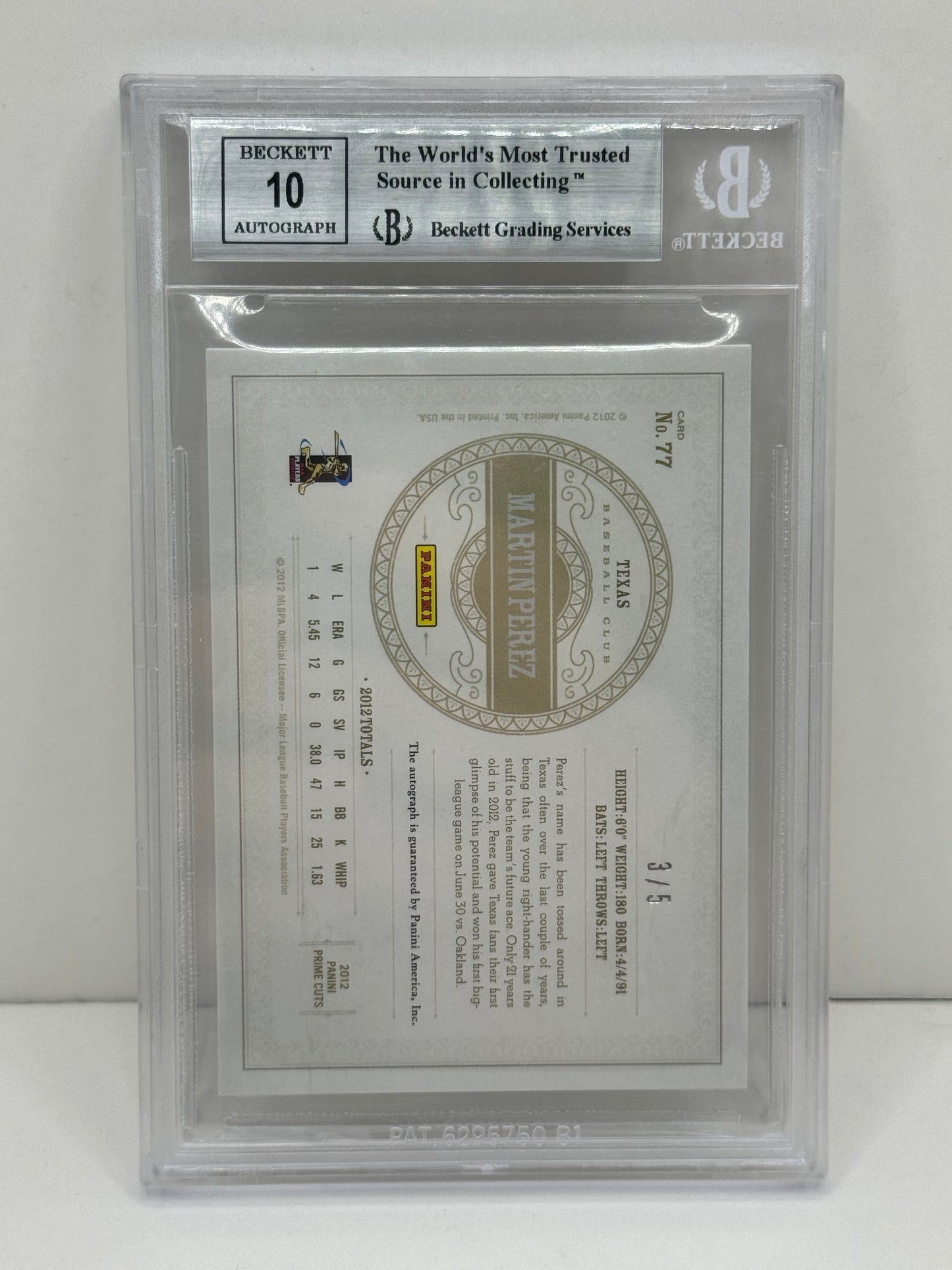 2012 Prime Cuts Martin Perez Century Platinum Signatures #77 #/5 Beckett 9