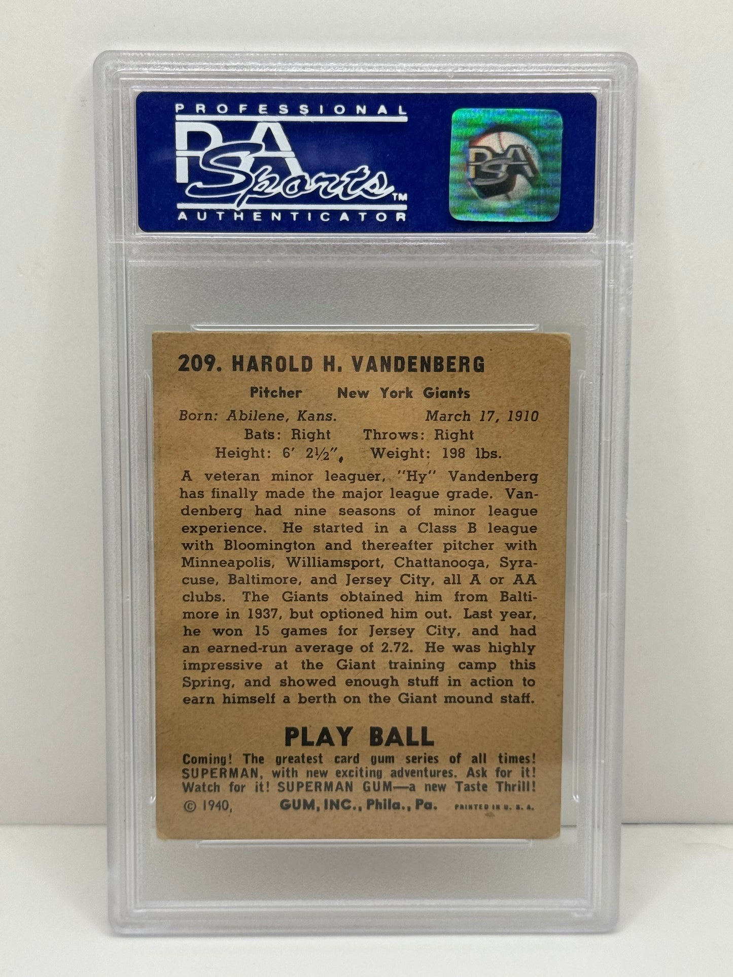 1940 Play Ball Hy Vandenberg #209 PSA 4 VG-EX
