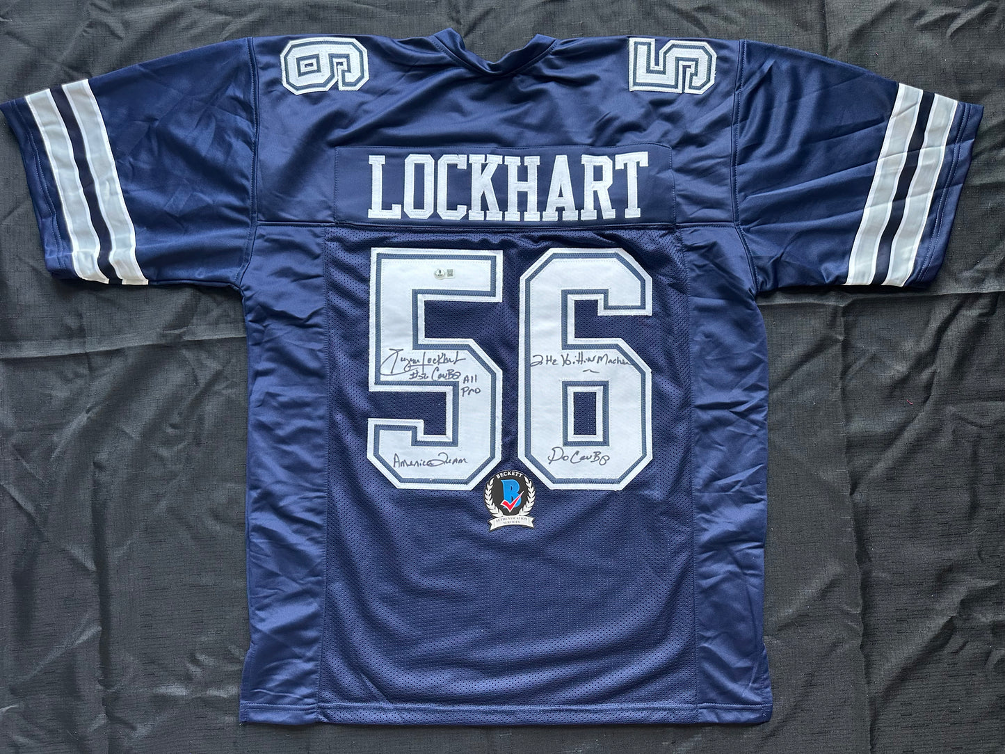 EUGENE LOCKHART DALLAS COWBOYS SIGNED BLUE JERSEY w/MULTI INSCs XL BAS