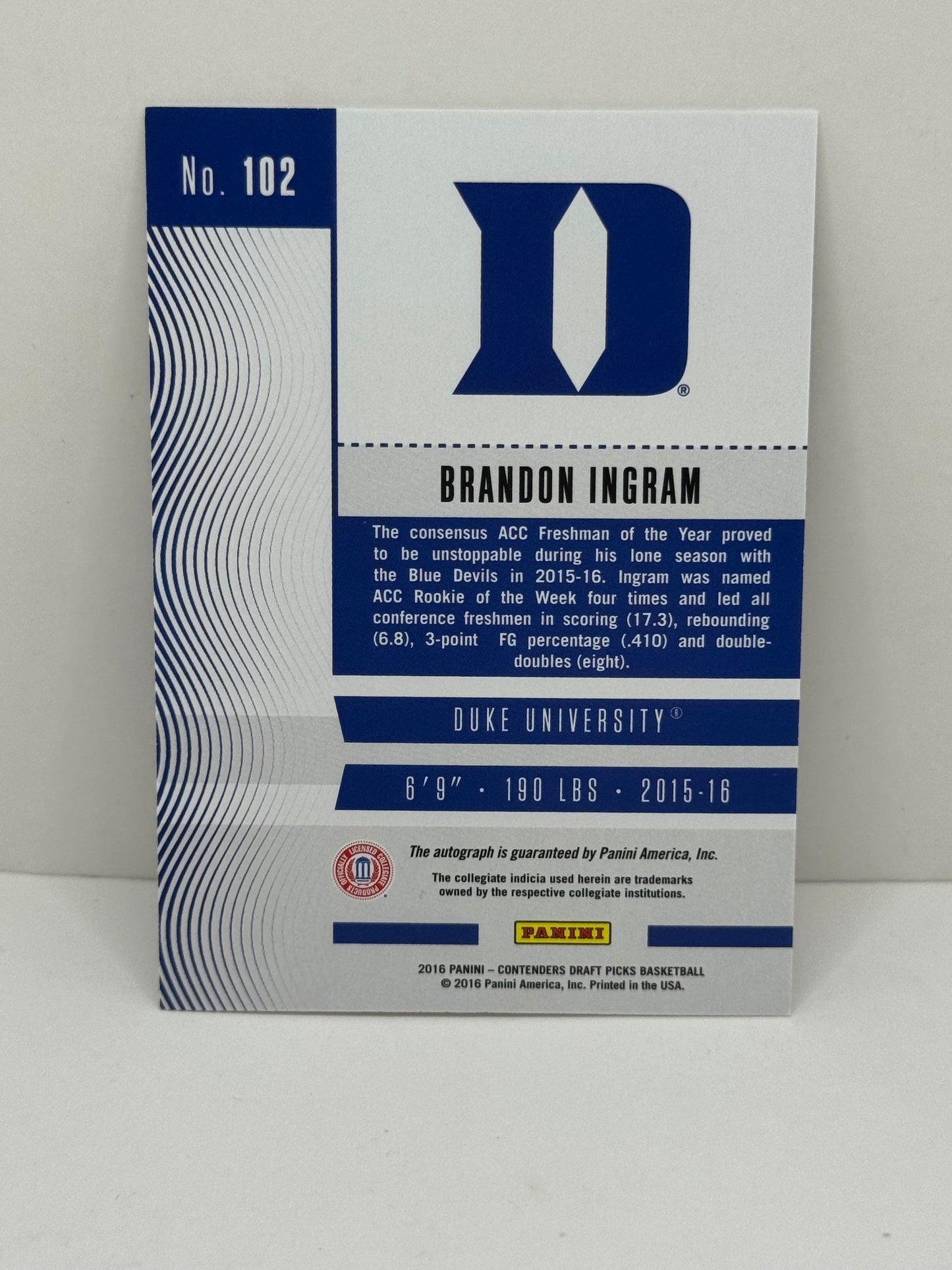 2016 Contenders Draft Picks Brandon Ingram Auto #102 Duke