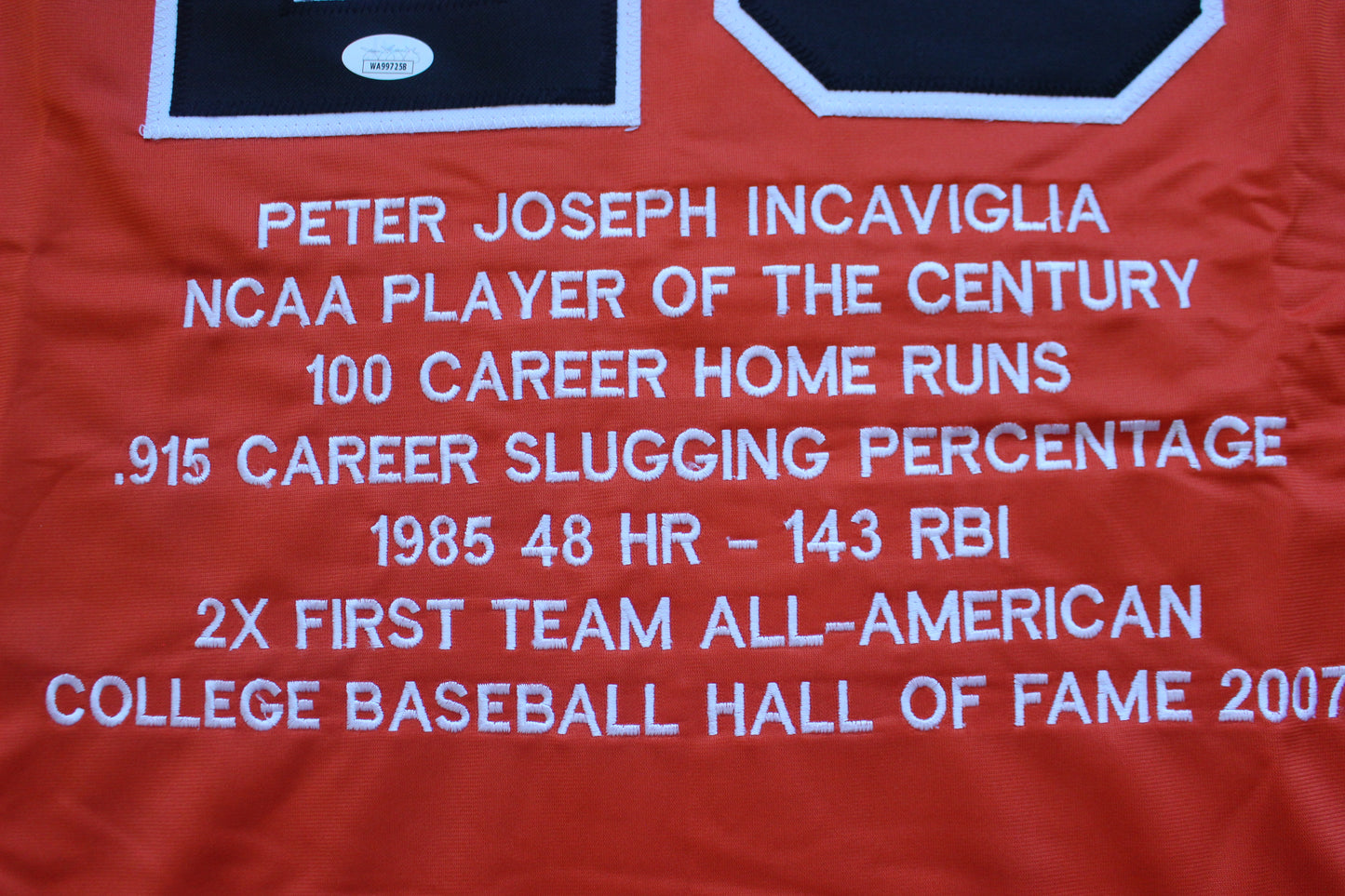 PETE INCAVIGLIA OSU ORANGE #29 "GO POKES" with STATS JSA