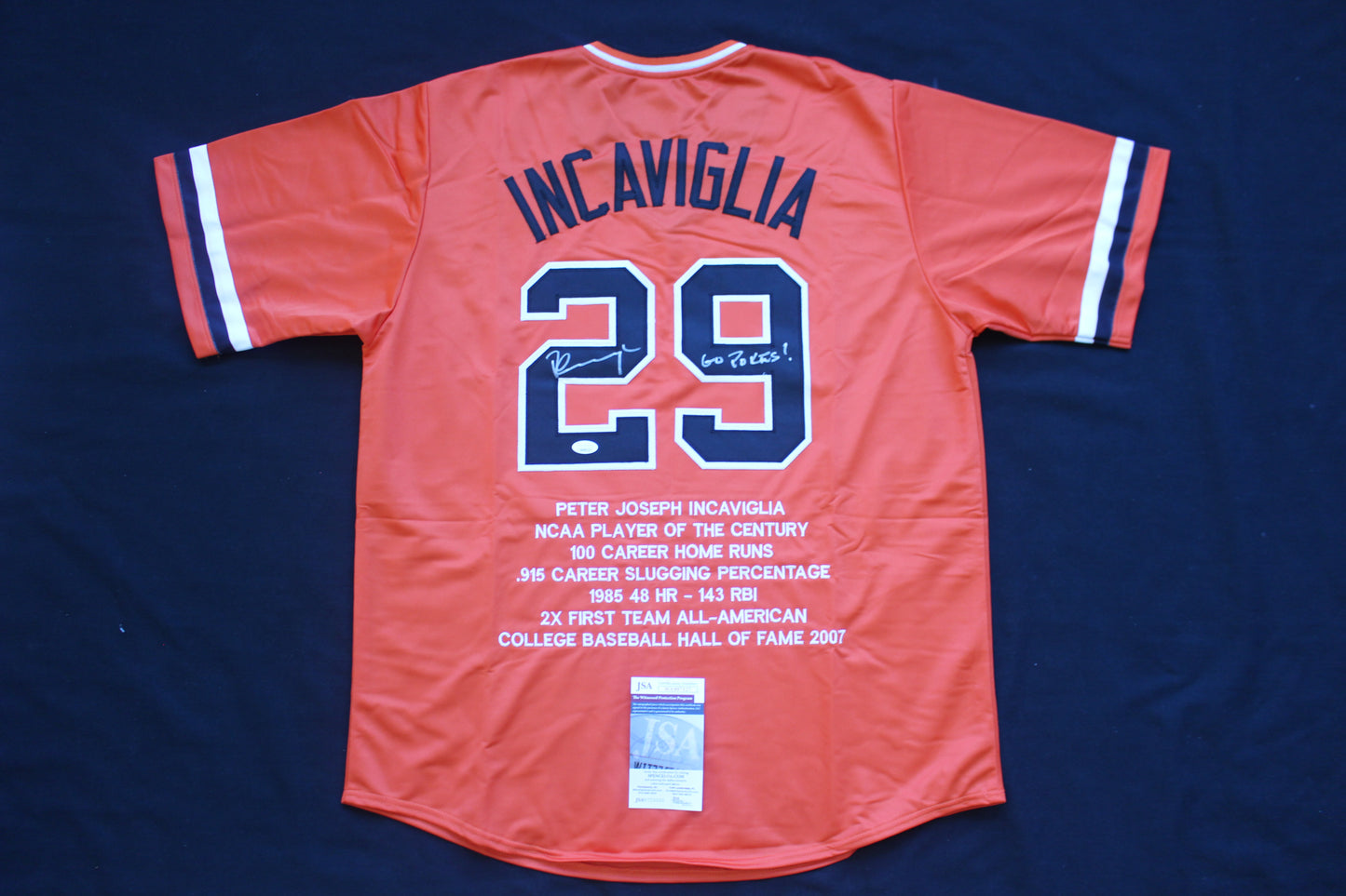 PETE INCAVIGLIA OSU ORANGE #29 "GO POKES" with STATS JSA