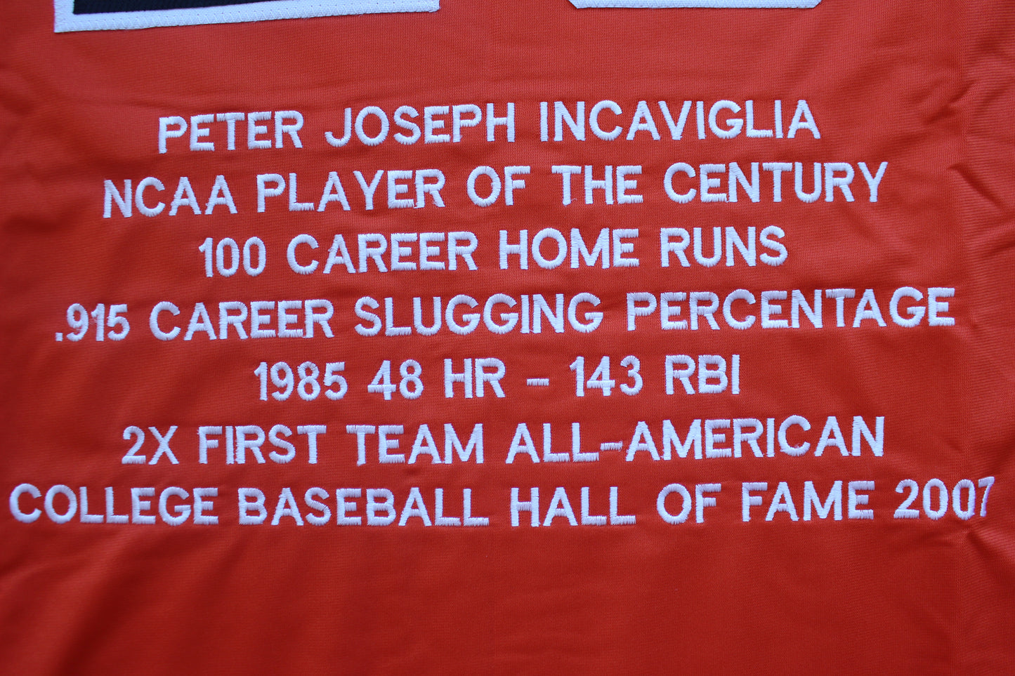 PETE INCAVIGLIA OSU ORANGE #29 "GO POKES" with STATS JSA