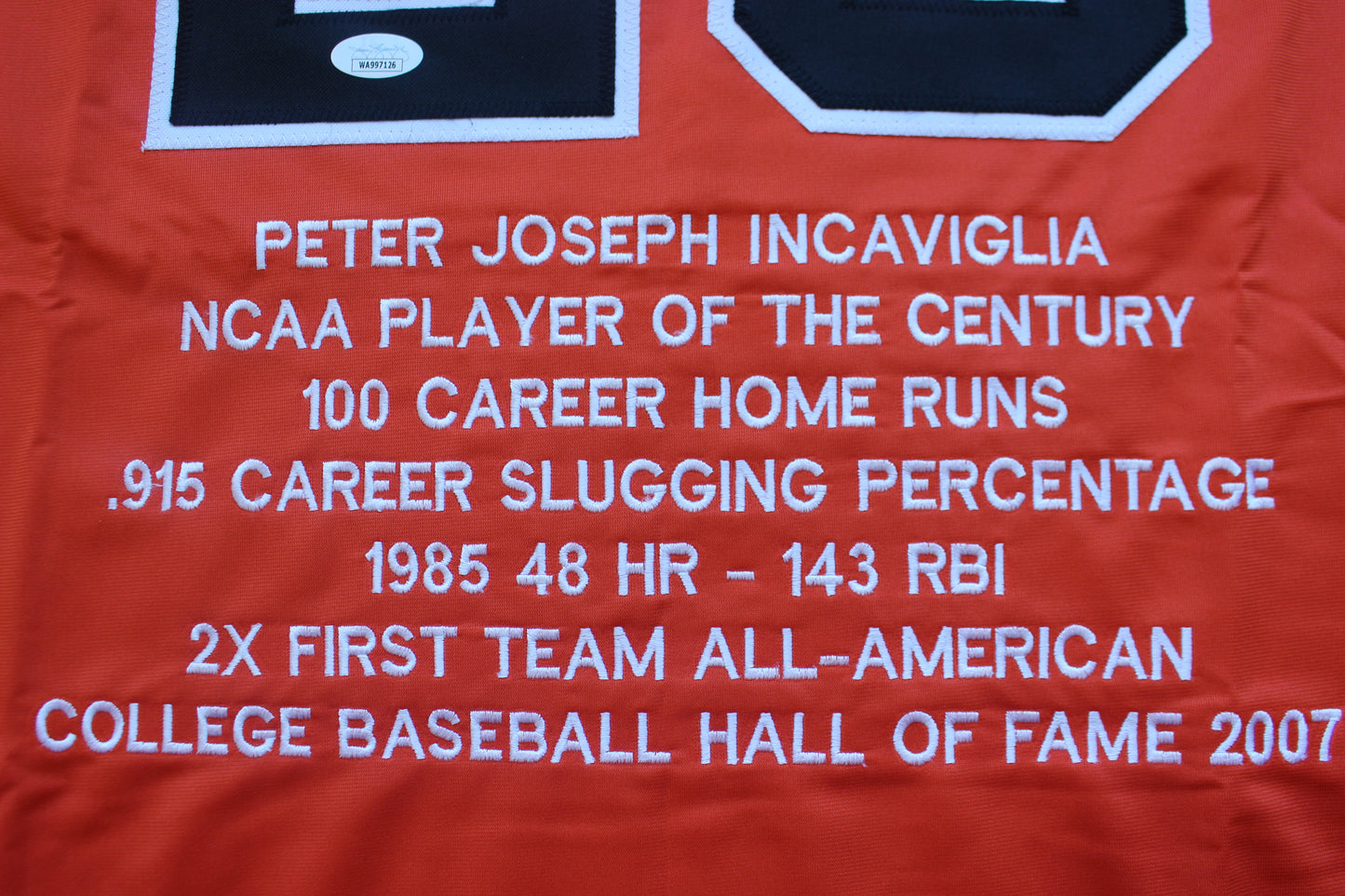PETE INCAVIGLIA OSU ORANGE #29 "GO POKES" with STATS JSA