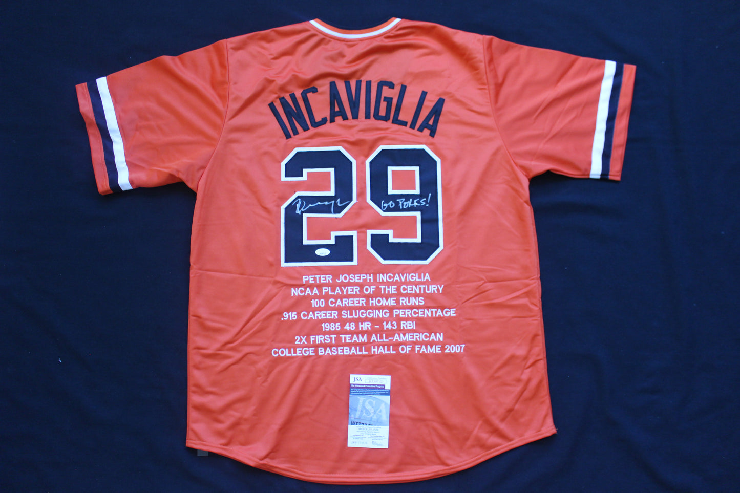 PETE INCAVIGLIA OSU ORANGE #29 "GO POKES" with STATS JSA