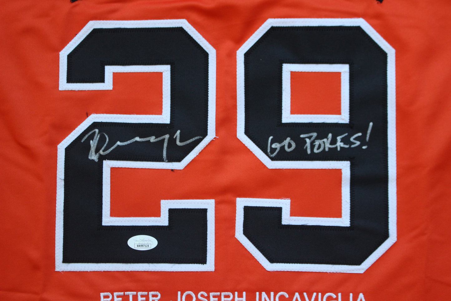 PETE INCAVIGLIA OSU ORANGE #29 "GO POKES" with STATS JSA