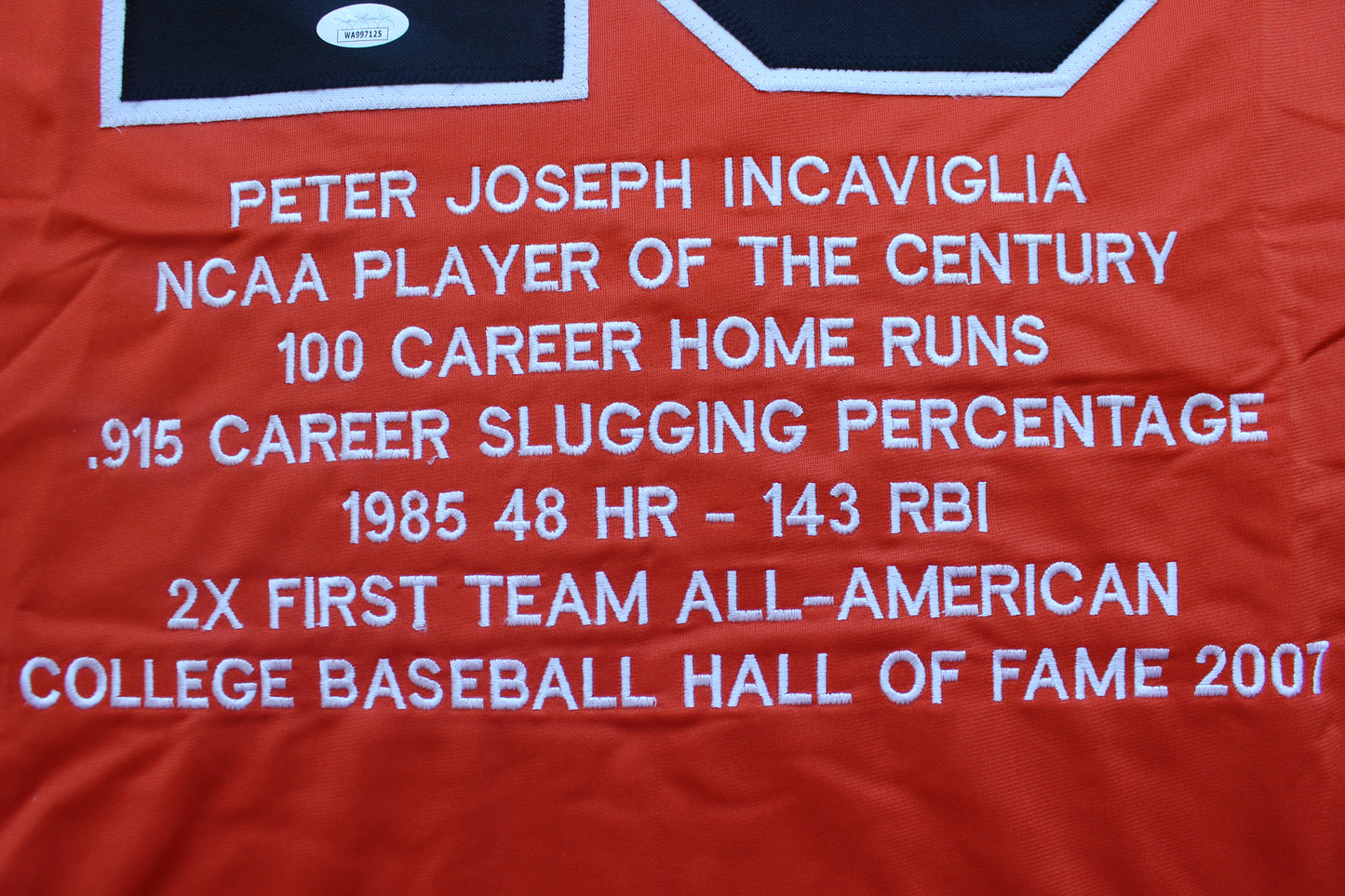 PETE INCAVIGLIA OSU ORANGE #29 "GO POKES" with STATS JSA