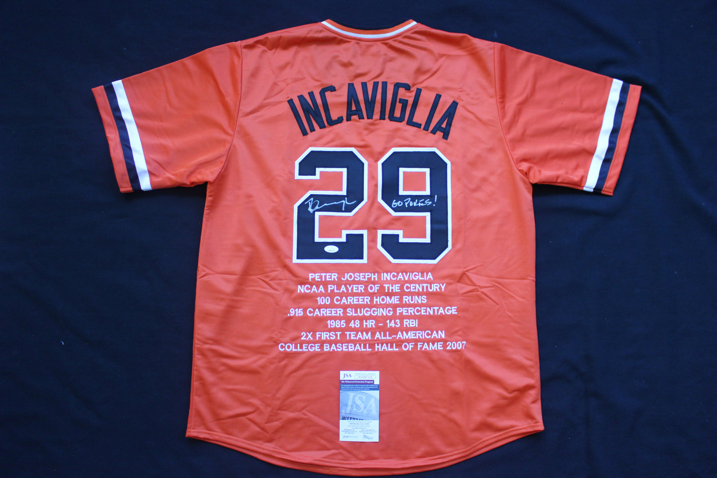 PETE INCAVIGLIA OSU ORANGE #29 "GO POKES" with STATS JSA