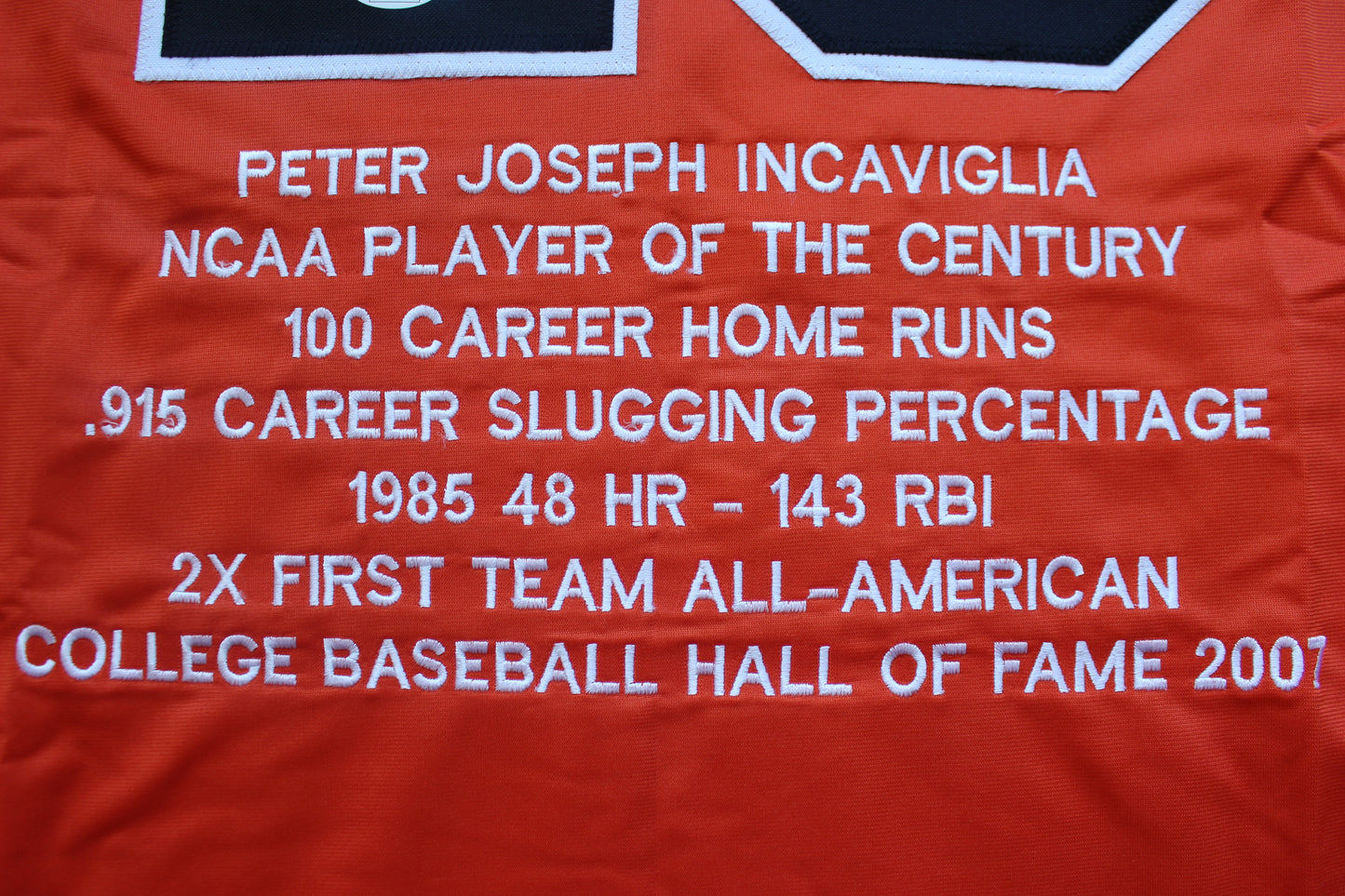 PETE INCAVIGLIA OSU ORANGE #29 "GO POKES" with STATS JSA