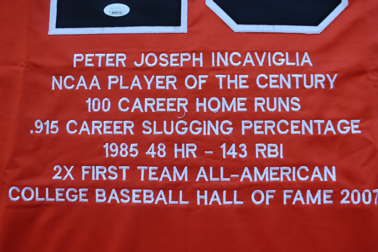 PETE INCAVIGLIA OSU ORANGE #29 "GO POKES" with STATS JSA