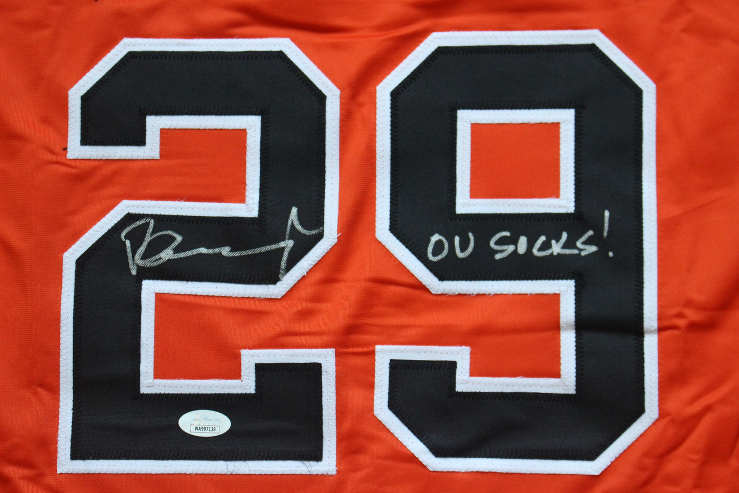 PETE INCAVIGLIA OSU ORANGE #29 "OU SUCKS!" with STATS JSA