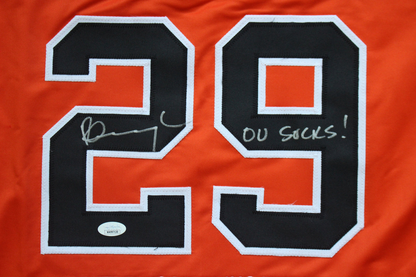 PETE INCAVIGLIA OSU ORANGE #29 "OU SUCKS!" with STATS JSA