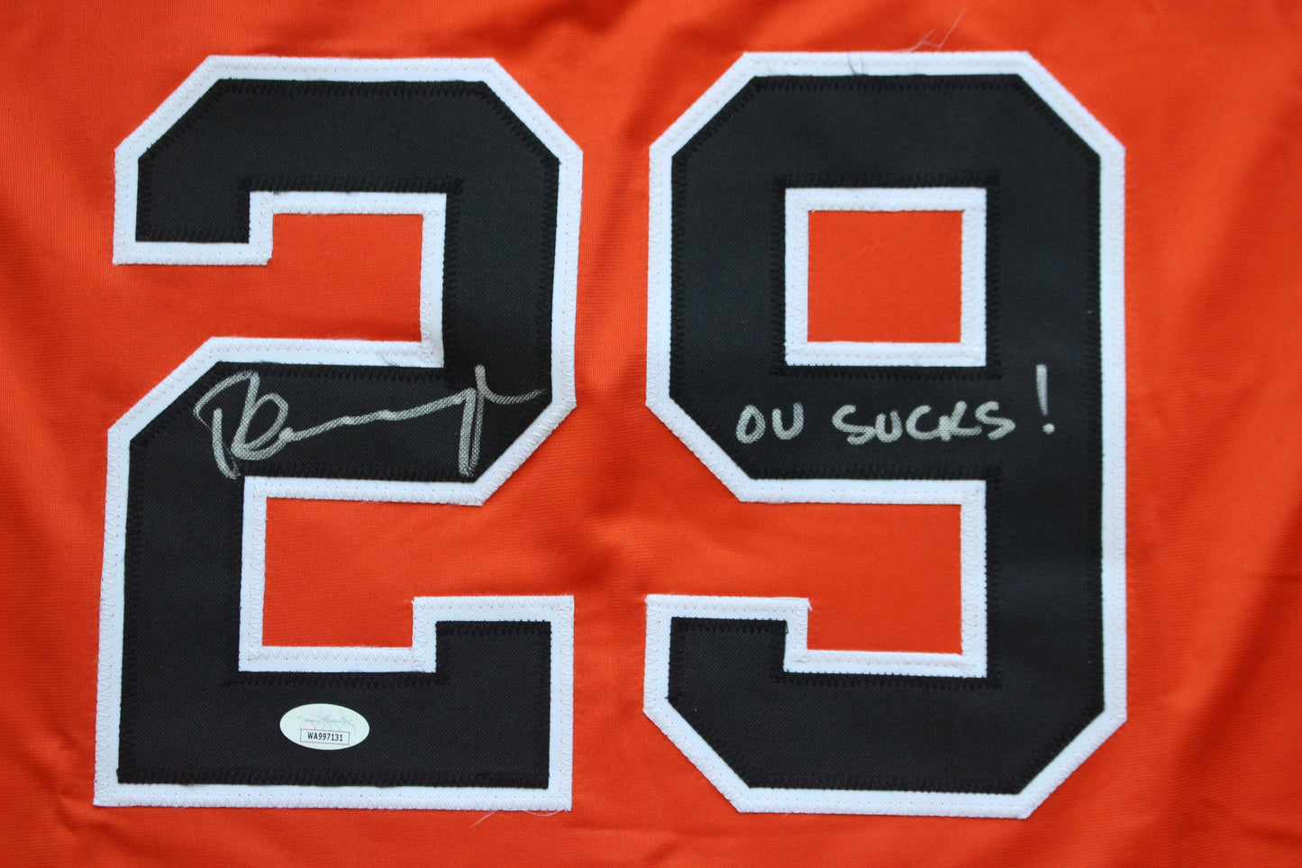 PETE INCAVIGLIA OSU ORANGE #29 "OU SUCKS!" with STATS JSA