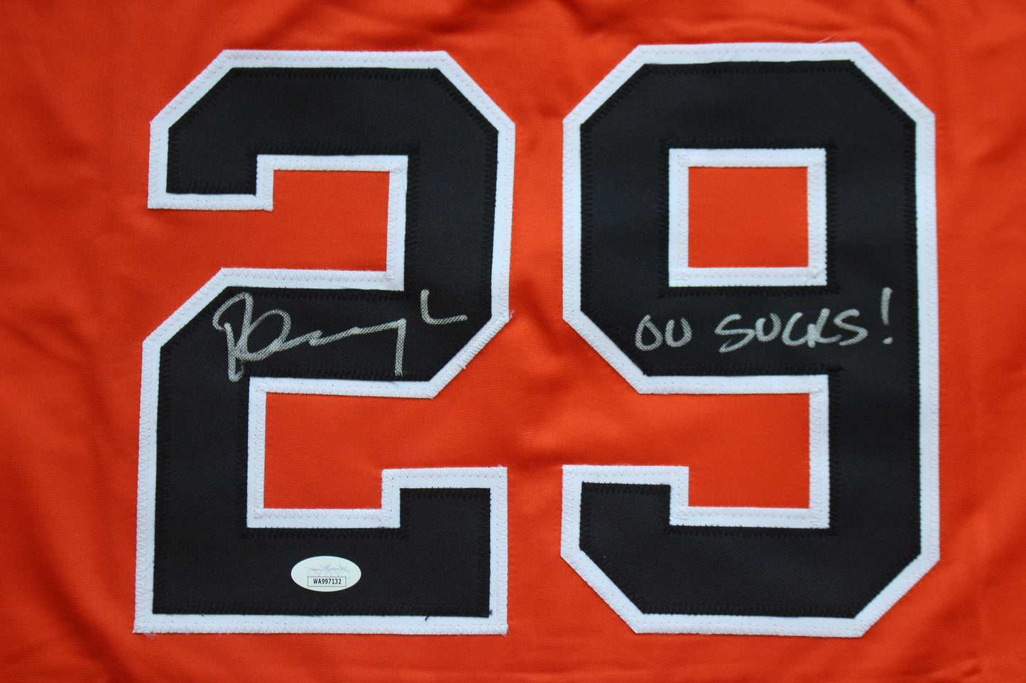PETE INCAVIGLIA OSU ORANGE #29 "OU SUCKS!" with STATS JSA