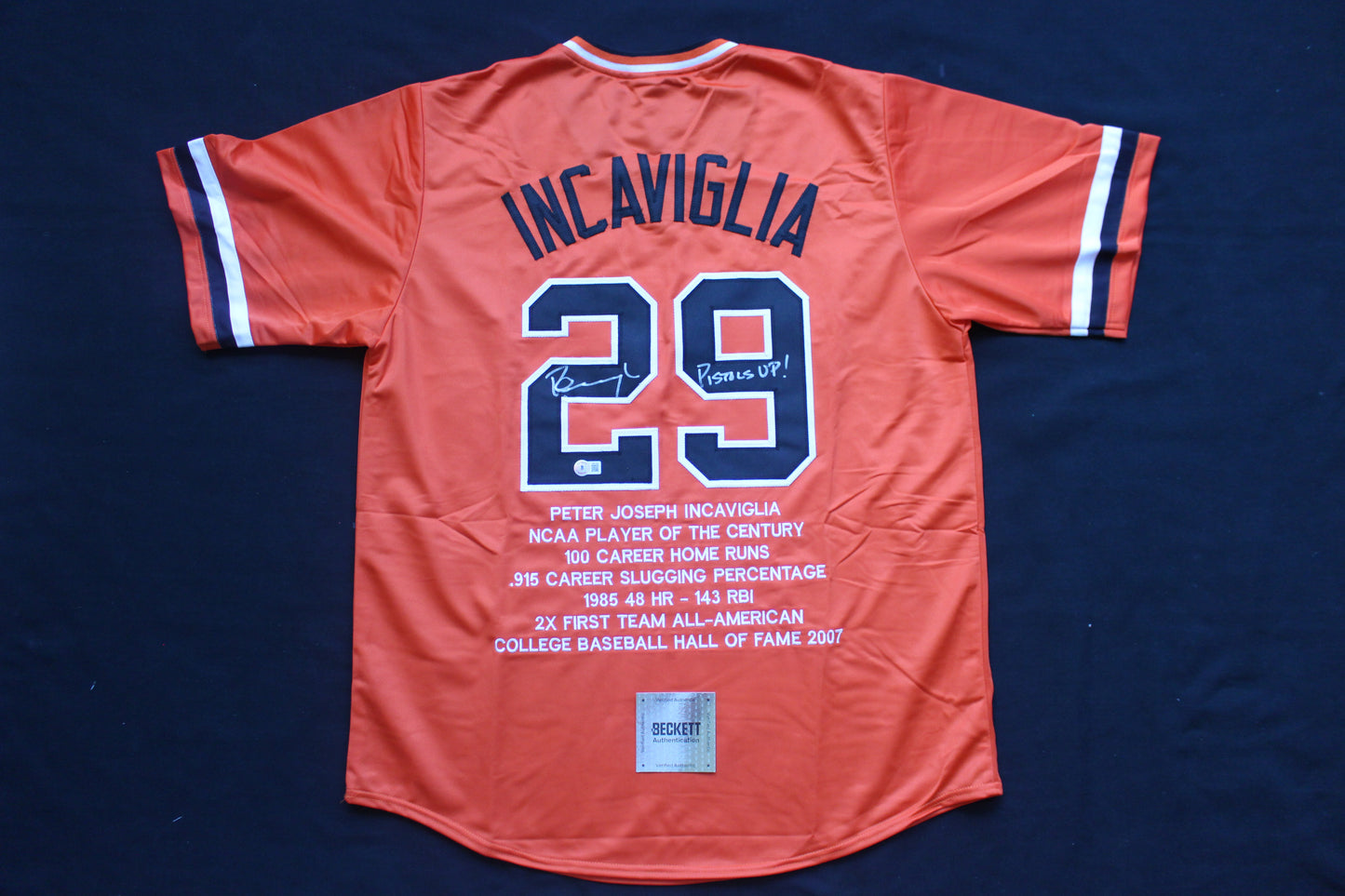 PETE INCAVIGLIA OSU ORANGE #29 "PISTOLS UP!" with STATS