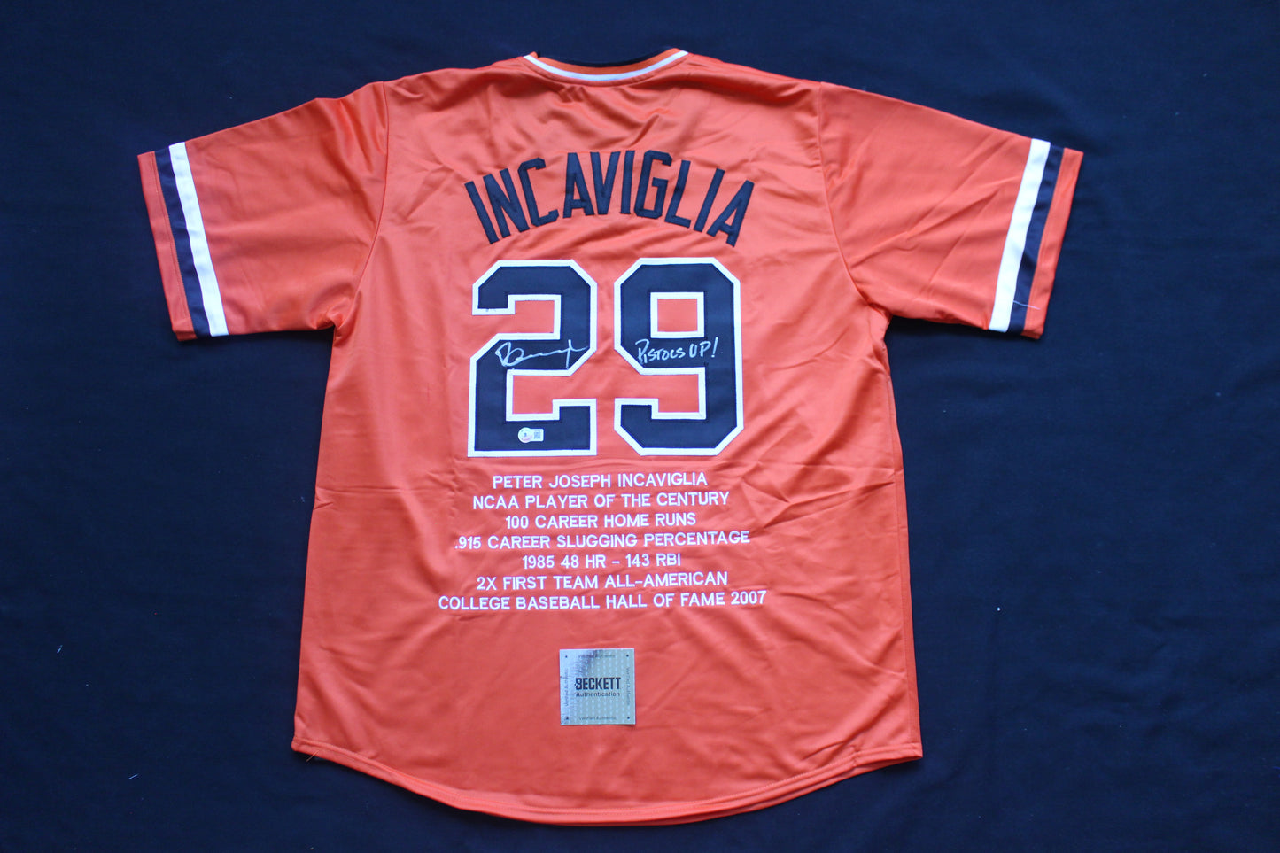PETE INCAVIGLIA OSU ORANGE #29 "PISTOLS UP!" with STATS