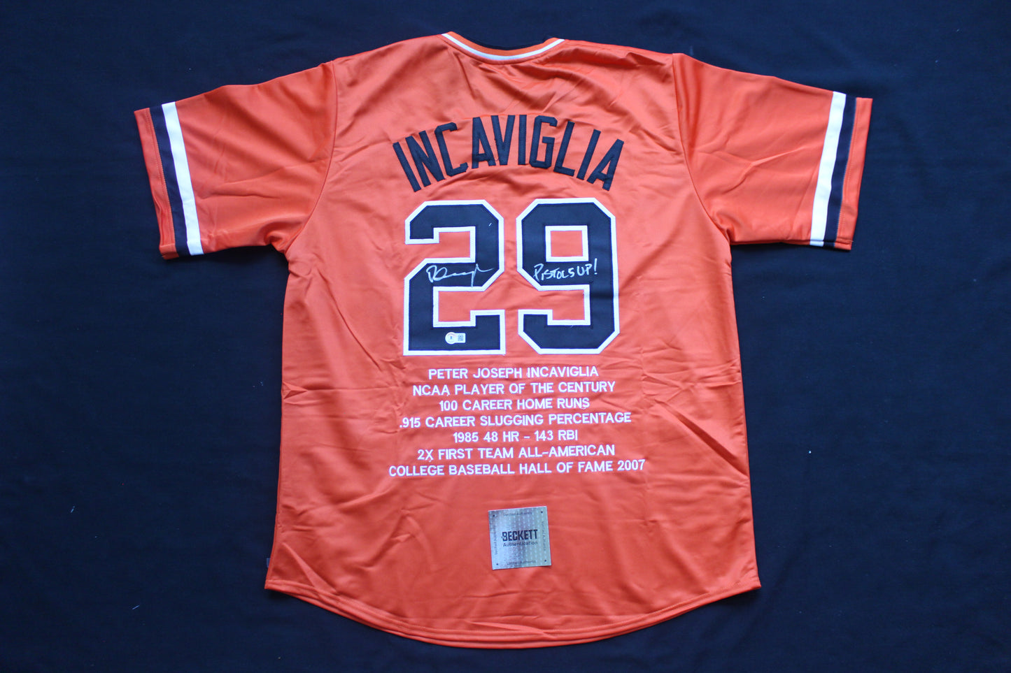PETE INCAVIGLIA OSU ORANGE #29 "PISTOLS UP!" with STATS
