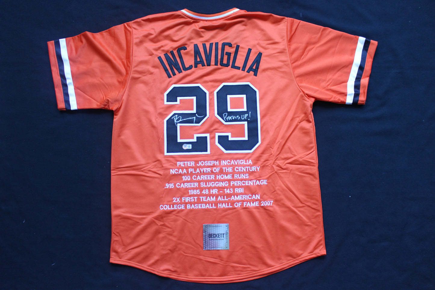 PETE INCAVIGLIA OSU ORANGE #29 "PISTOLS UP!" with STATS