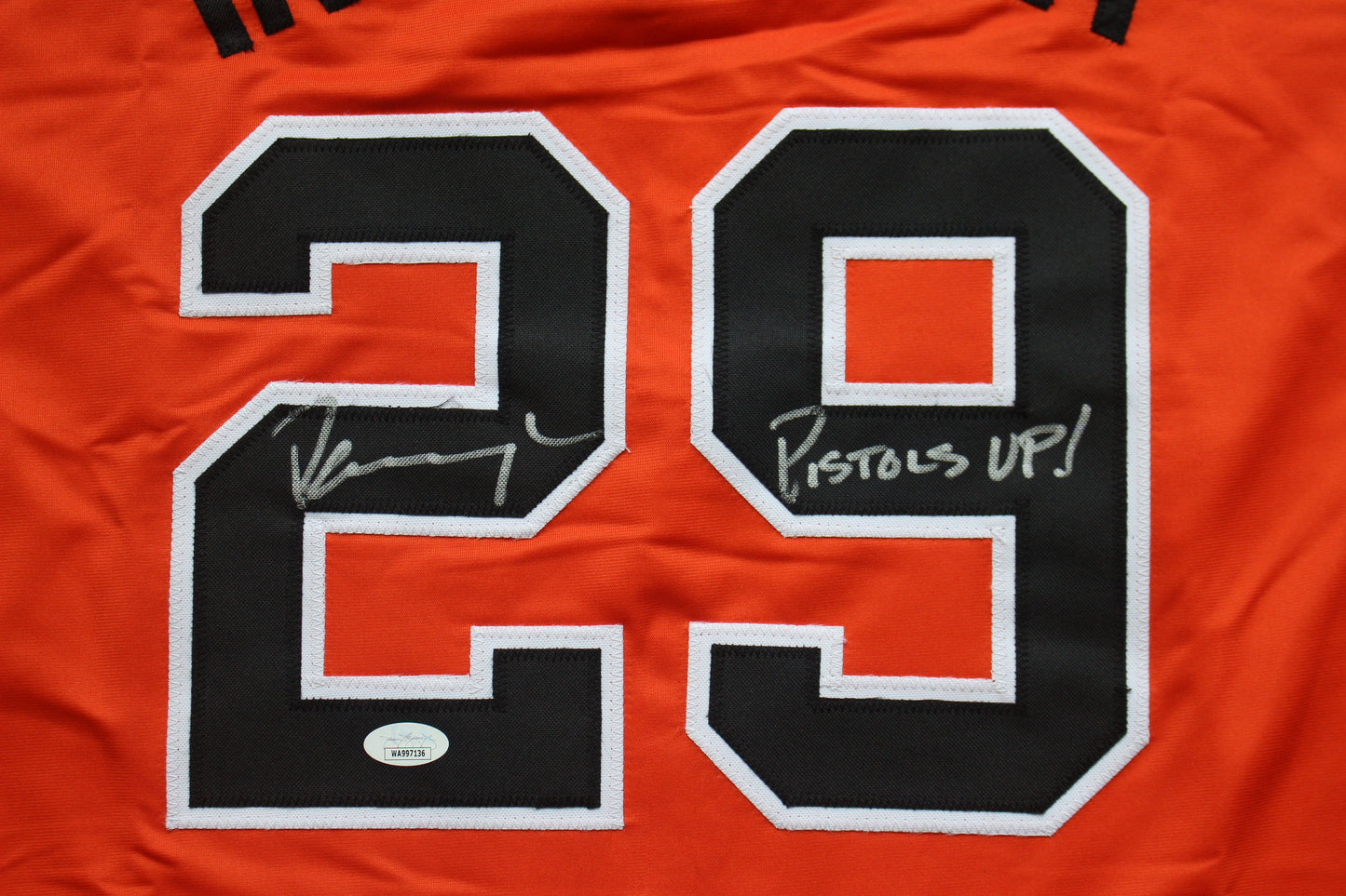 PETE INCAVIGLIA OSU ORANGE #29 "PISTOLS UP!" with STATS JSA