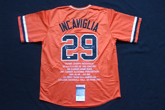 PETE INCAVIGLIA OSU ORANGE #29 "PISTOLS UP!" with STATS JSA