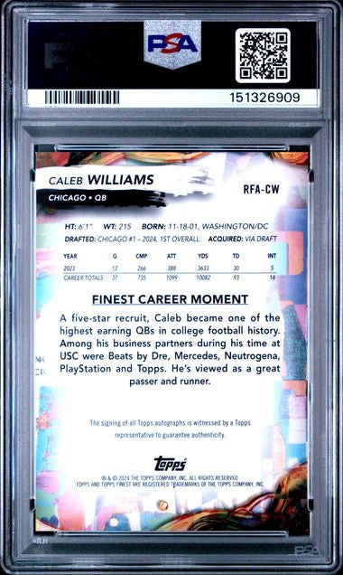 2024 Topps Finest #RFACW Caleb Williams Rookie Finest Autograph PSA 9