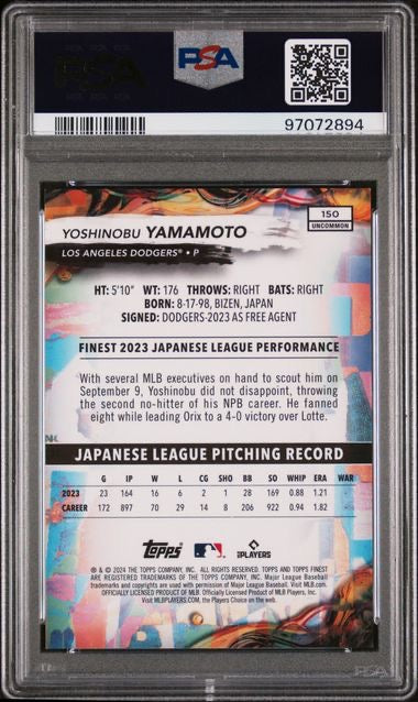 2024 Topps Finest #150 Yoshinobu Yamamoto Sky Blue Rookie Refractor /250 PSA 9