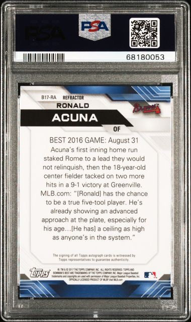 2017 Bowman's Best #B17RA Ronald Acuna Best of 2017 Refractor Autograph PSA 9