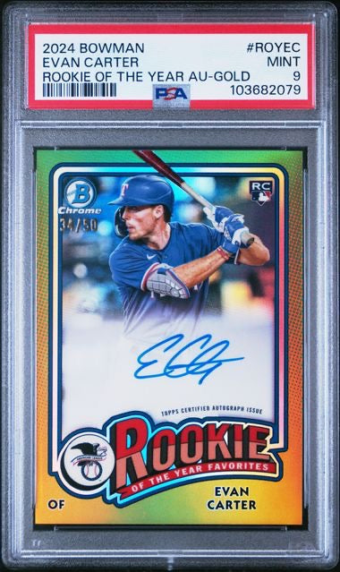 2024 Bowman #ROYEC Evan Carter Rookie of The Year Gold Autograph /50 PSA 9