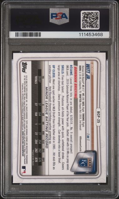 2020 Bowman Chrome Sapphire #BCP25 Bobby Witt Jr 1st Bowman PSA 9