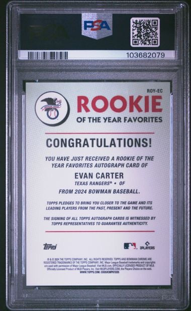 2024 Bowman #ROYEC Evan Carter Rookie of The Year Gold Autograph /50 PSA 9