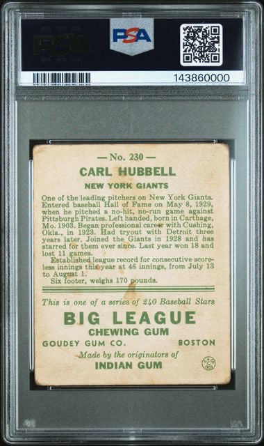 1933 Goudey #230 Carl Hubbell Rookie RC PSA 1.5(MK)