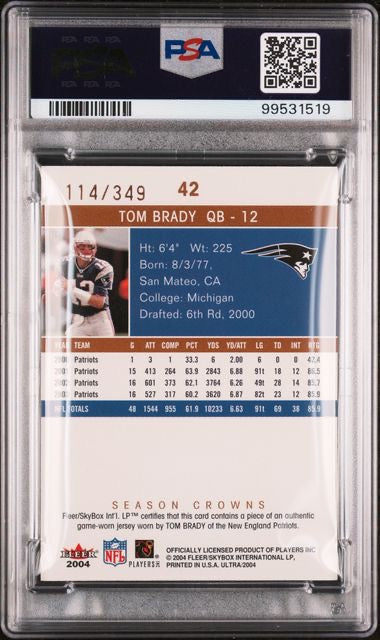 2004 Fleer Ultra #42 Tom Brady Season Crowns Jersey Copper /349 PSA 9