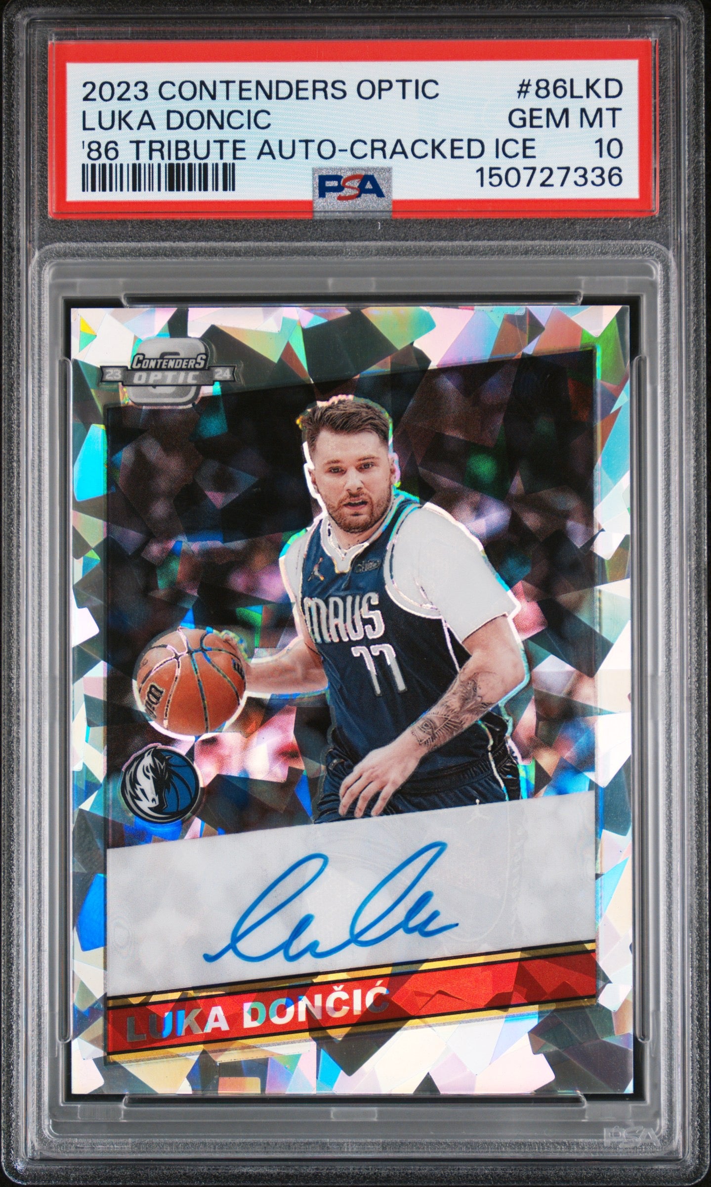 2023-24 Contenders Optic Luka Doncic 86 Tribute Cracked Ice Autograph /23 PSA 10