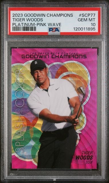 2023 Goodwin Champions #SCP77 Tiger Woods Platinum Pink Wave PSA 10