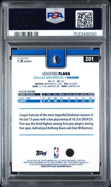 2025-26 Topps #201 Cooper Flagg Rainbow Foilboard Rookie RC PSA 9