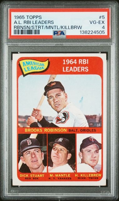 1965 Topps #5 A.L RBI Leaders Mantle,Killebrew,Robinson,Stauat PSA 4