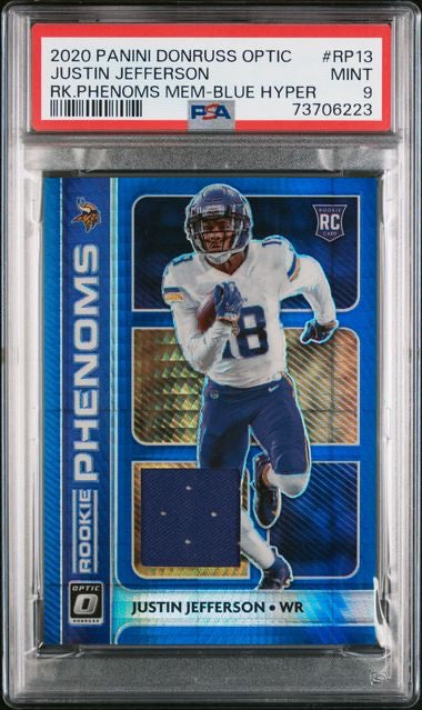 2020 Panini Optic #RP13 Justin Jefferson Blue Hyper Rookie Phenoms Memorabilia PSA 9