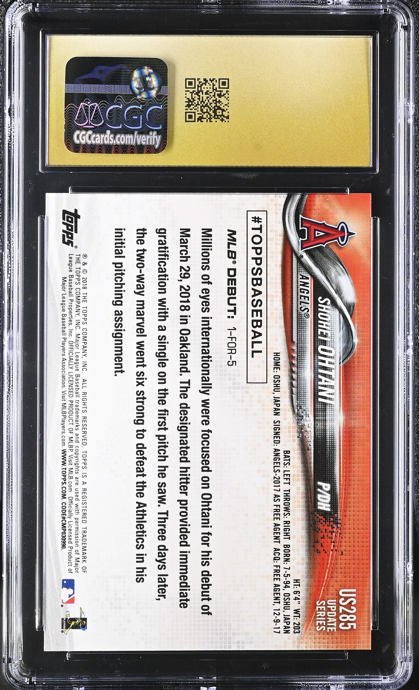 2018 Topps Update #US285 Shohei Ohtani CGC Pristine 10
