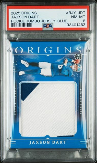 2025 Panini Origins #RJY-JDT Jaxson Dart Rookie Jumbo Jersey Blue /49 PSA 8