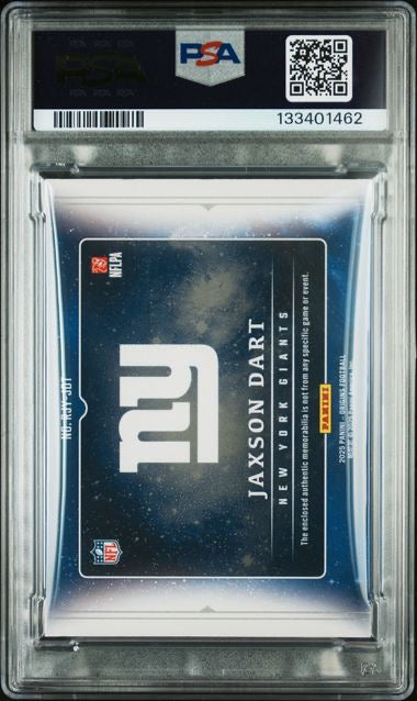 2025 Panini Origins #RJY-JDT Jaxson Dart Rookie Jumbo Jersey Blue /49 PSA 8
