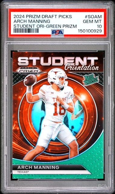 2024 Panini Prizm Draft Picks #SOAM Arch Manning Student Orientation Green PSA 10