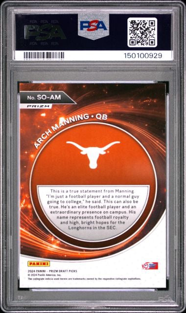 2024 Panini Prizm Draft Picks #SOAM Arch Manning Student Orientation Green PSA 10